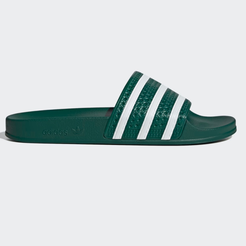 Adidas Adilette Slides In Collegiate Green And Cloud White.